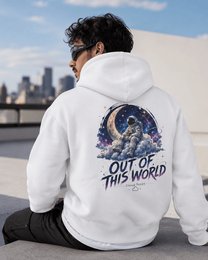 White hoodie, back view with astronaut space graphic and "Out of This World" text