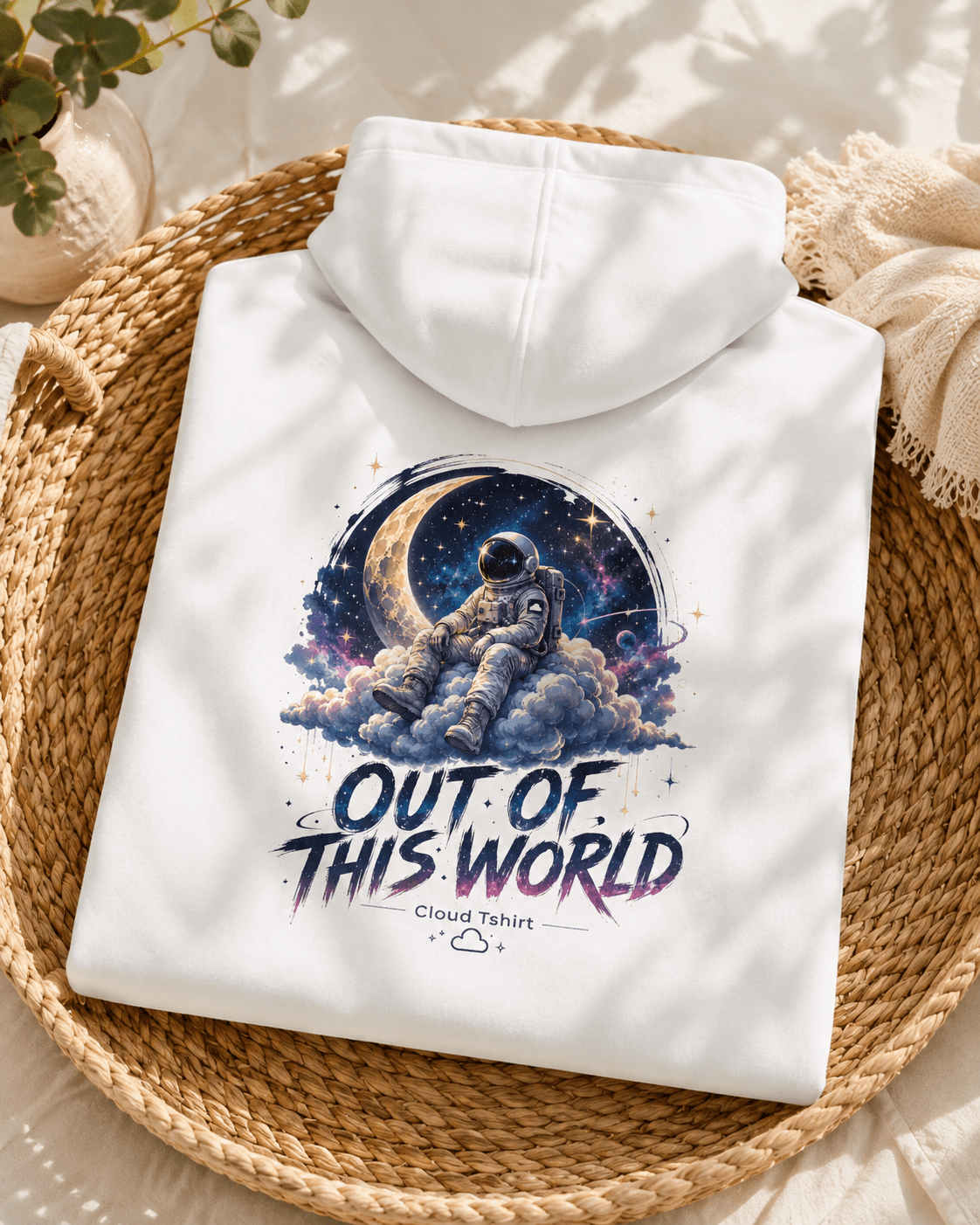 White hoodie, folded with hood and astronaut space graphic reading "Out of This World"