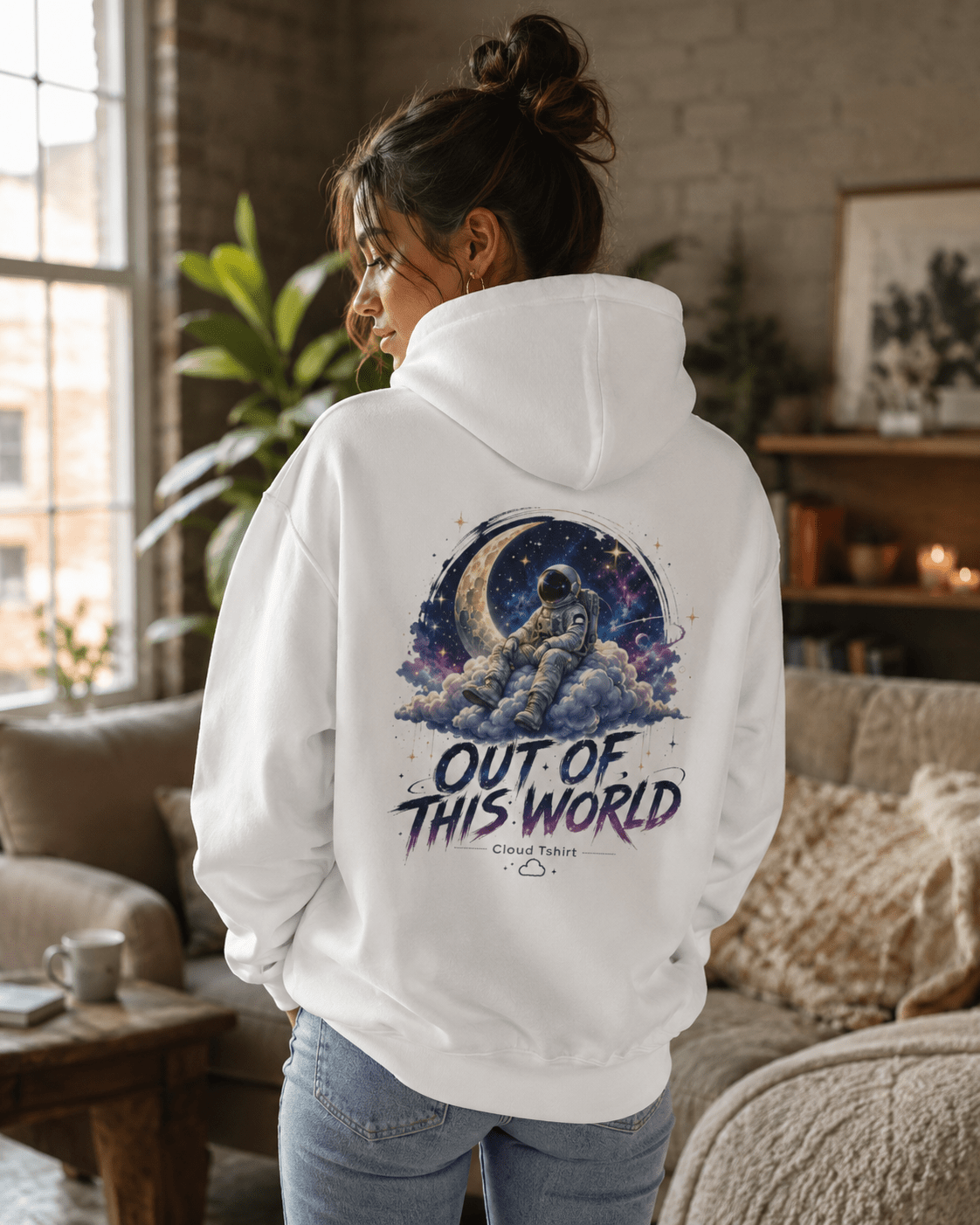 White hoodie, back view with astronaut space graphic and "Out of This World" text