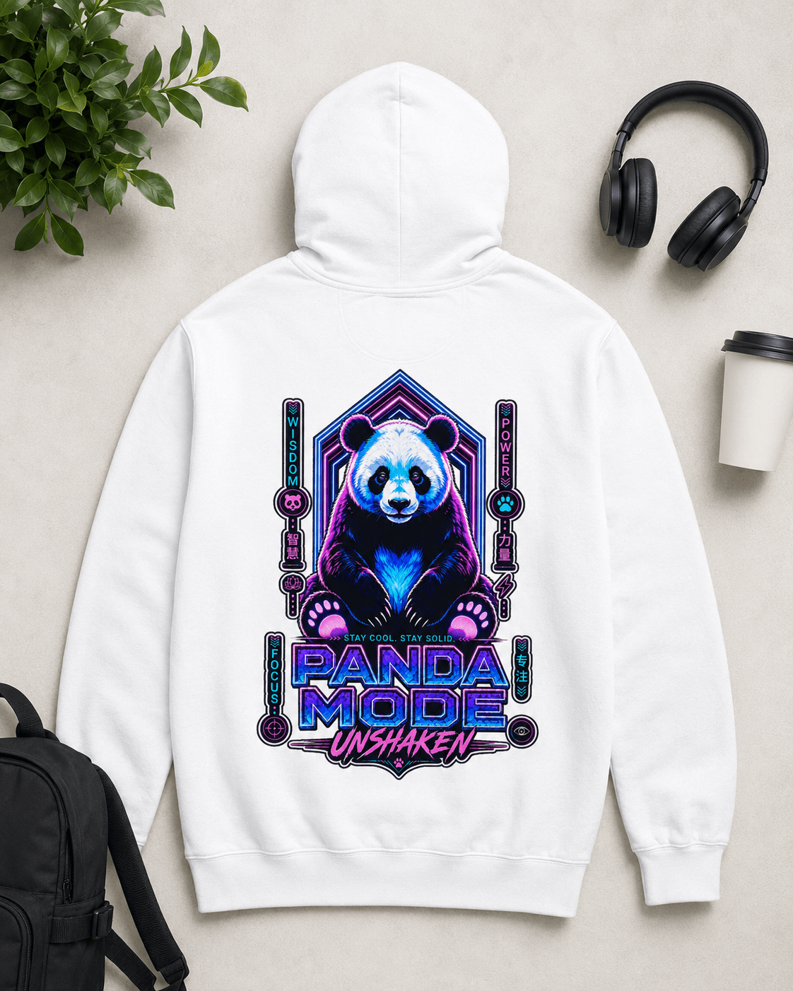 White hoodie with back panda graphic and multicolor text design