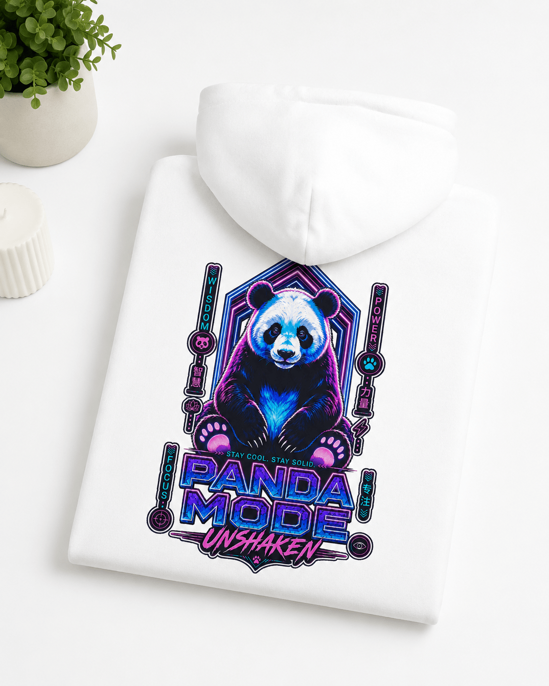 White hoodie with hood and large back panda graphic, flat lay