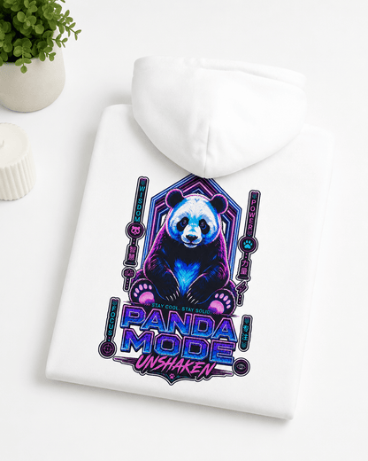 White hoodie with hood and large back panda graphic, flat lay