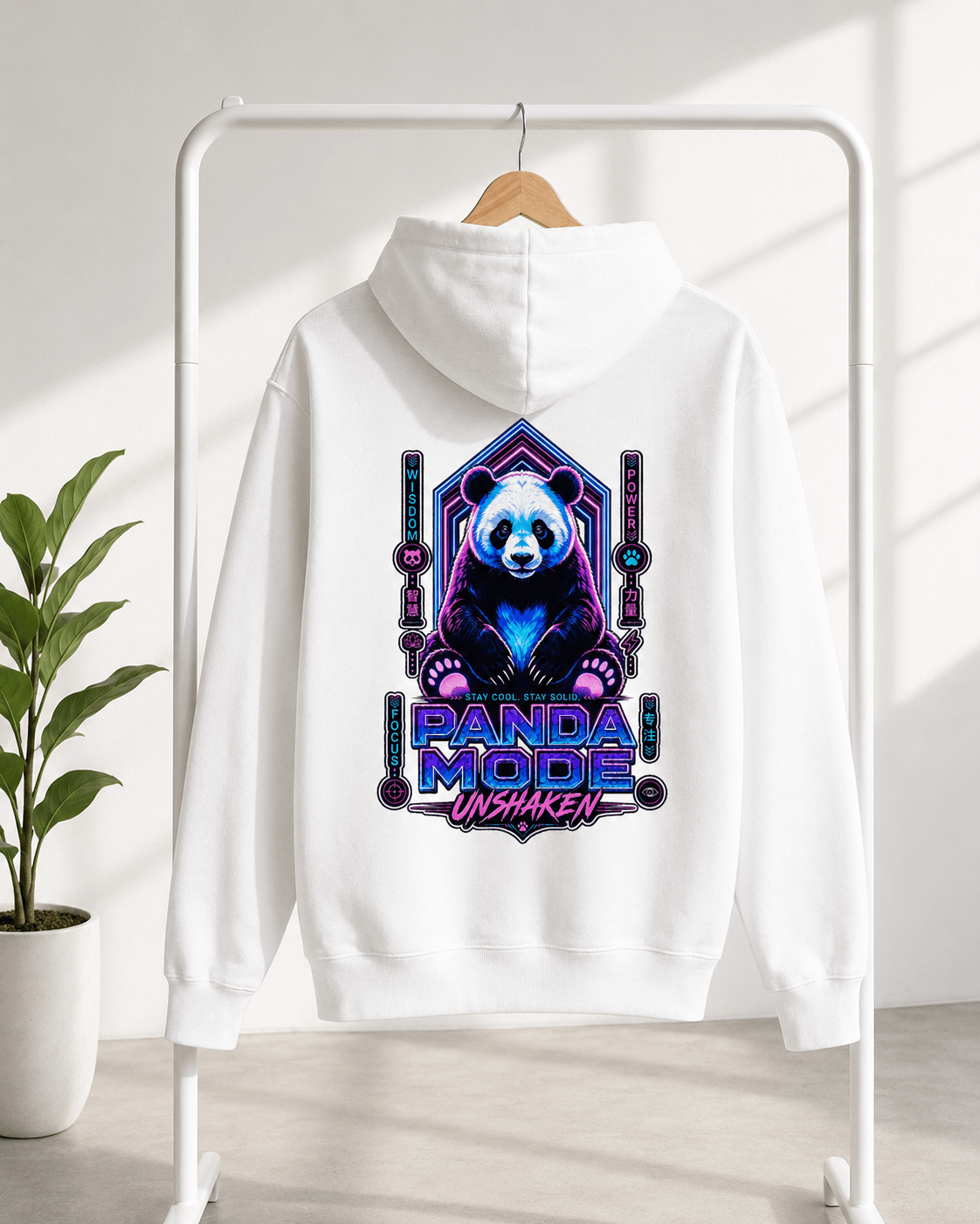 White hoodie on hanger, back panda graphic with multicolor lettering
