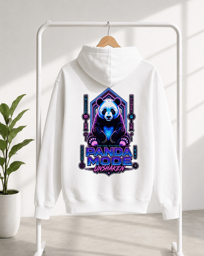 White hoodie on hanger, back panda graphic with multicolor lettering