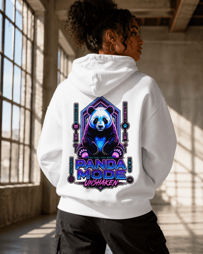 White hoodie worn from behind, hooded sweatshirt with panda back print
