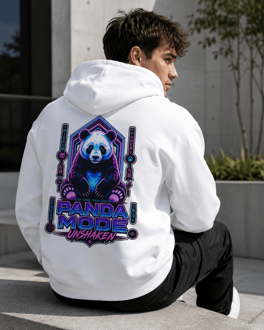 White hoodie back view on man, large panda graphic centered