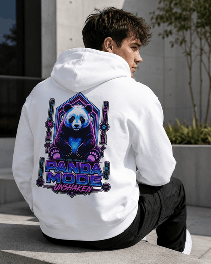 White hoodie back view on man, large panda graphic centered