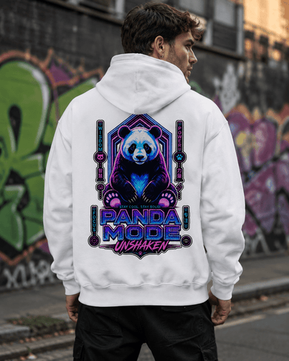 White hoodie back view with centered panda graphic on outdoor wall