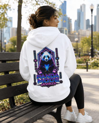 White hoodie back view on woman, panda logo graphic on hooded sweatshirt