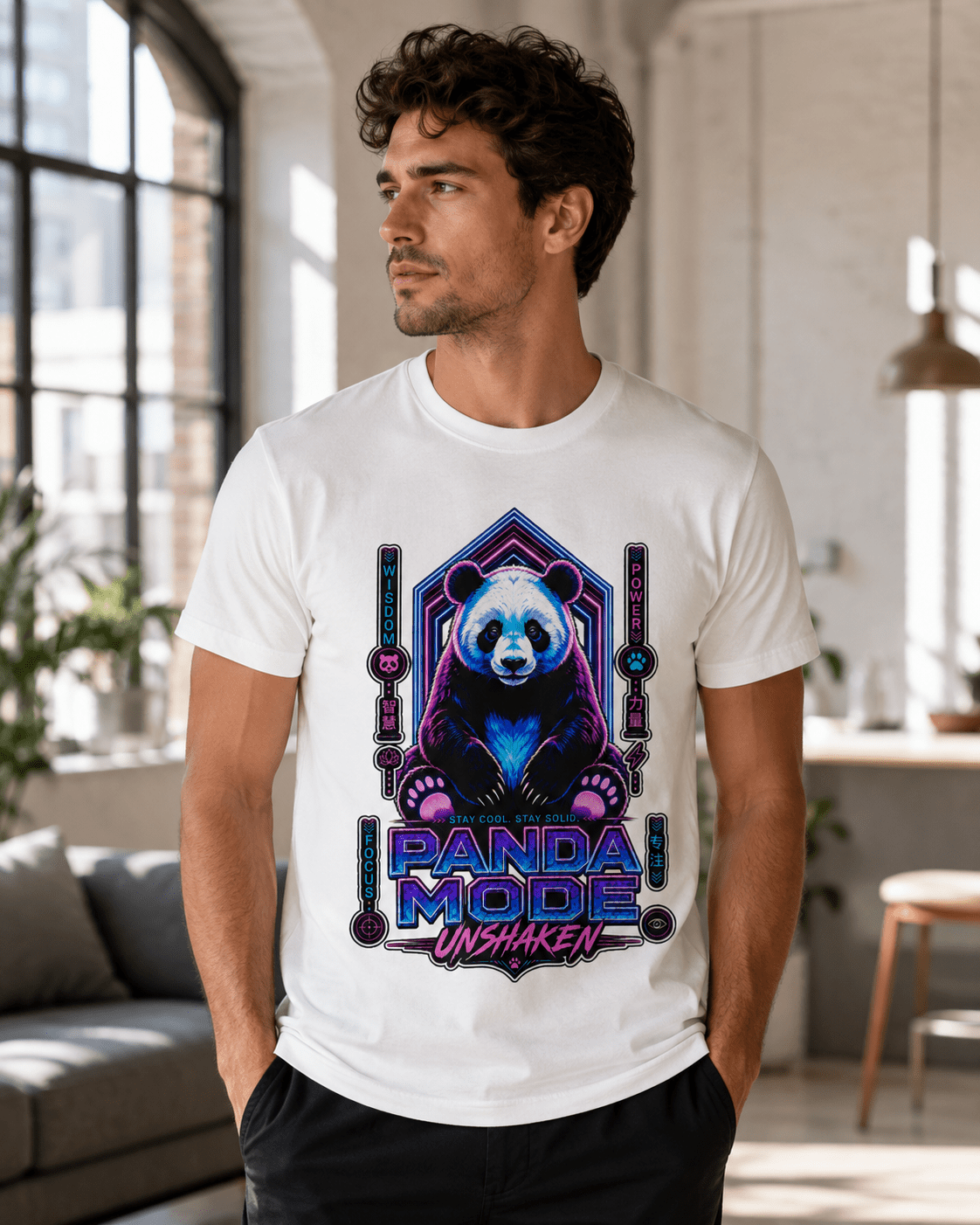 A man wearing a white crewneck t-shirt with a colorful graphic of a panda bear in a neon geometric frame and the text 'PANDA MODE UNSHAKEN'.