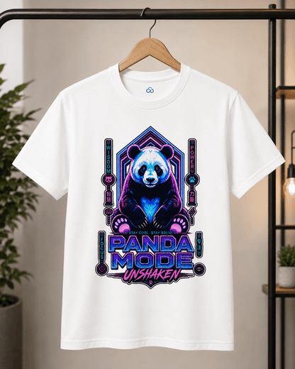 A white short-sleeve crewneck t-shirt hanging on a wooden hanger from a black clothing rack. The shirt features a large graphic print of a panda bear in a futuristic neon geometric frame, with the text 'PANDA MODE UNSHAKEN' in a stylized purple and blue font.