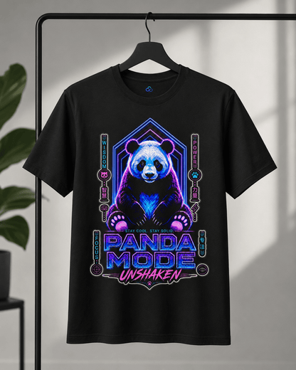 A black short-sleeve t-shirt hanging on a black clothing rack, featuring a colorful graphic of a panda bear with neon purple and blue glowing outlines and the text 'PANDA MODE UNSHAKEN'.