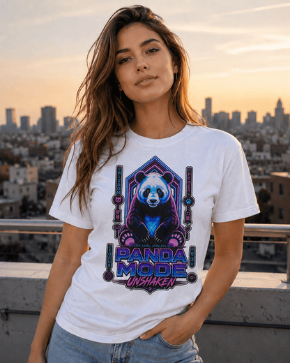 A woman wearing a white graphic t-shirt with a colorful neon panda design and the text 'PANDA MODE UNSHAKEN', posing outdoors with a city skyline in the background during sunset.