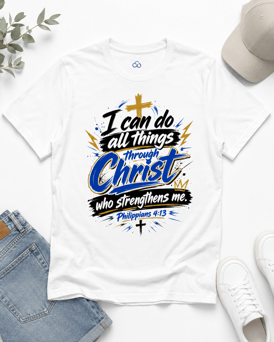 White crewneck T-shirt, front Christian quote graphic print