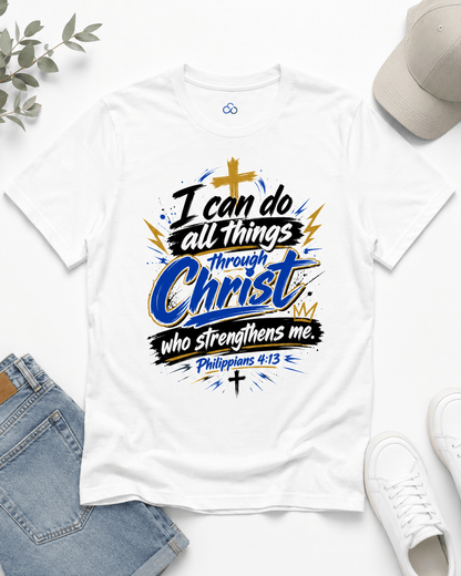 White crewneck T-shirt, front Christian quote graphic print