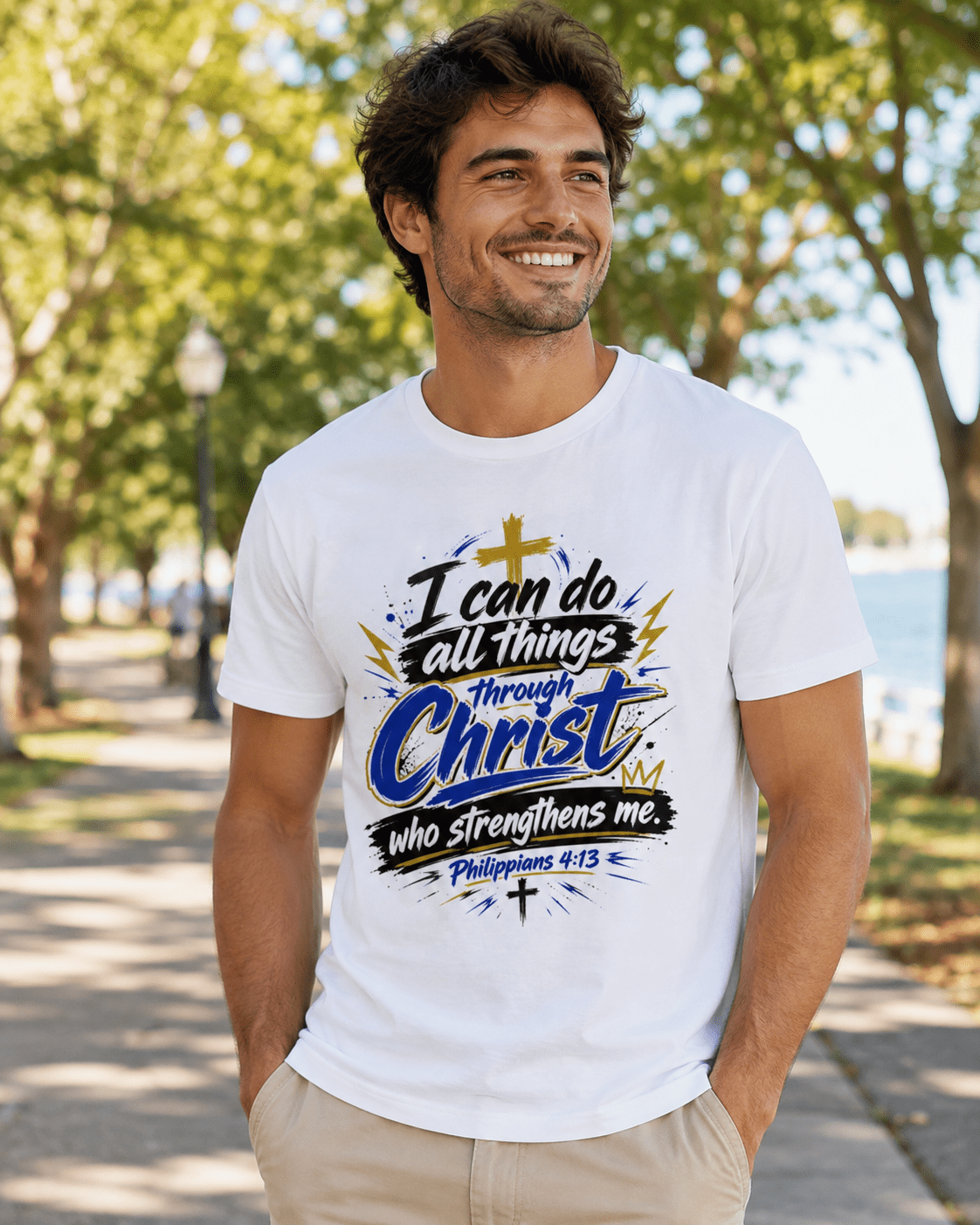 White crewneck T-shirt with Christian quote graphic, short sleeves