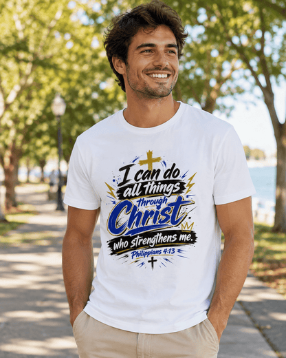 White crewneck T-shirt with Christian quote graphic, short sleeves