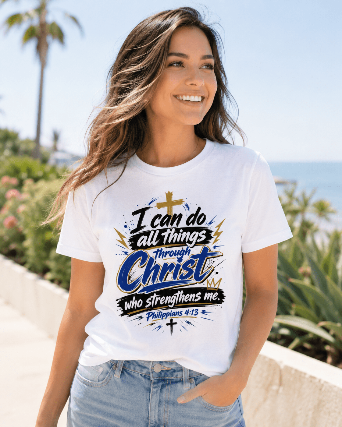 White crewneck T-shirt with Christian quote graphic print, short sleeves