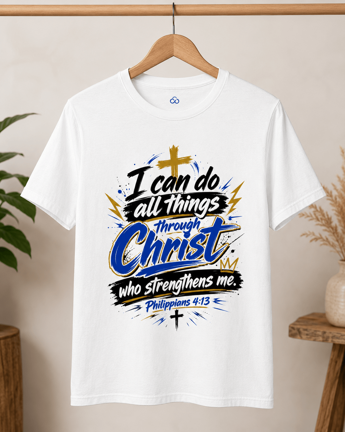 White crewneck T-shirt on hanger, front Christian quote graphic