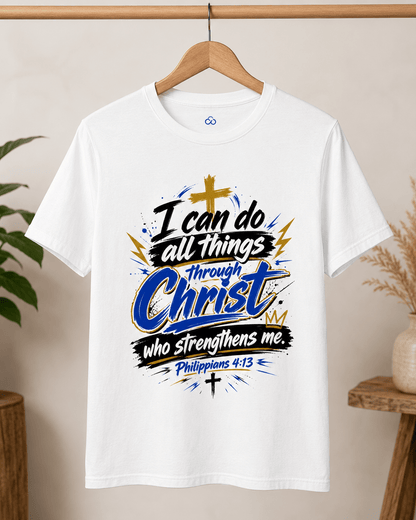 White crewneck T-shirt on hanger, front Christian quote graphic
