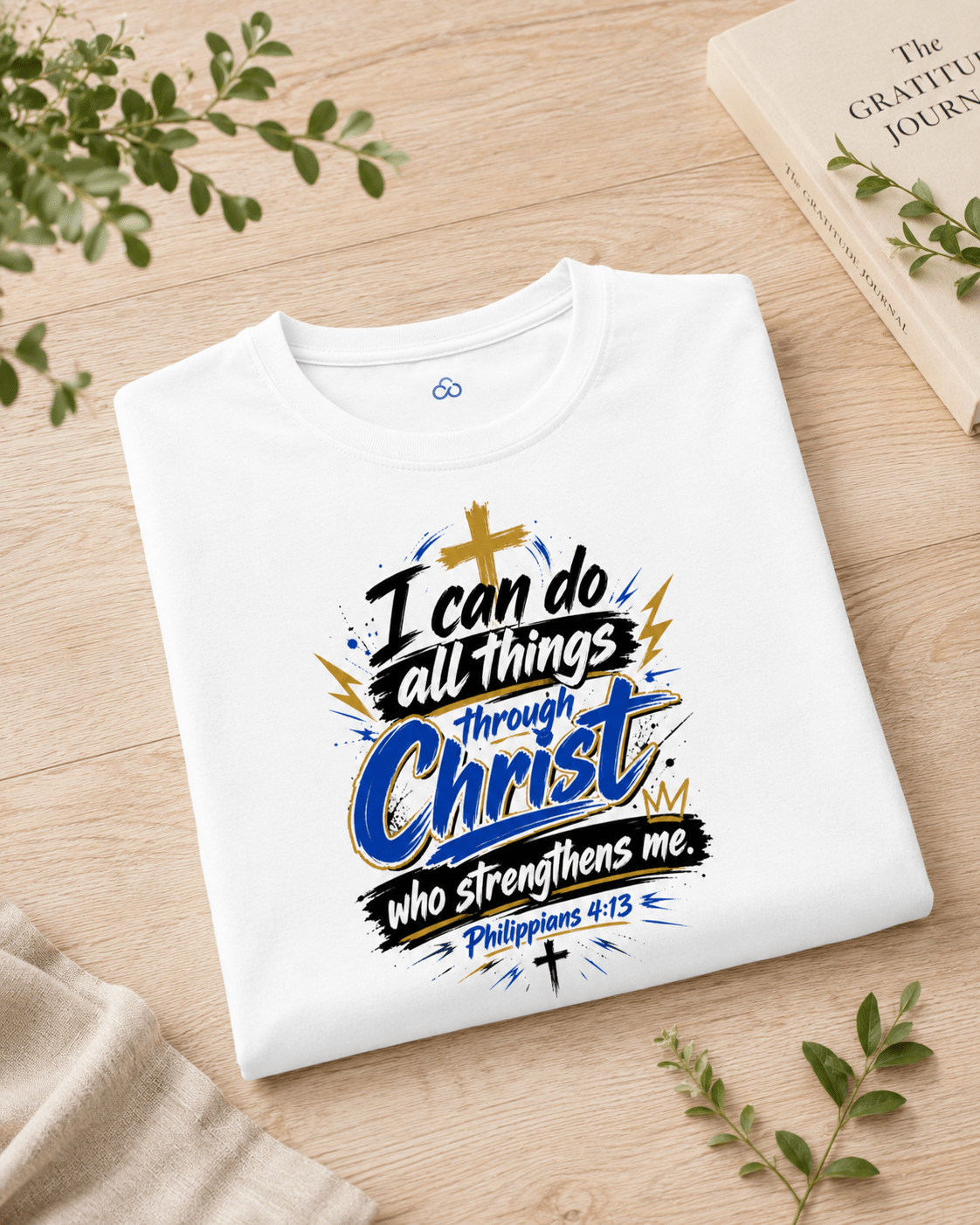 Folded white crewneck T-shirt with Christian quote graphic print