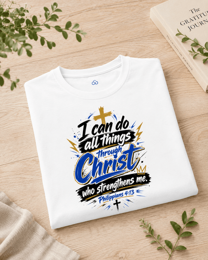Folded white crewneck T-shirt with Christian quote graphic print