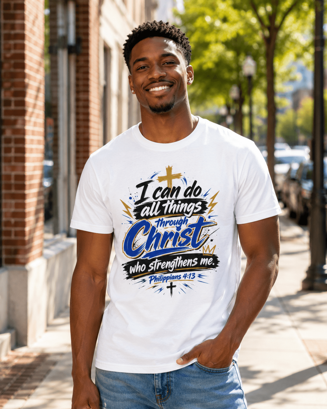 White crewneck T-shirt with front Christian quote graphic print
