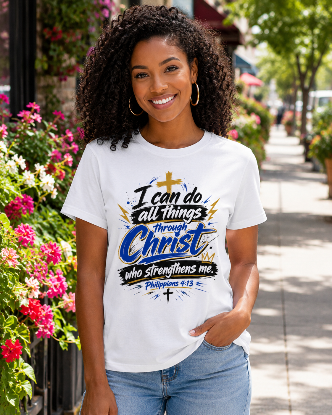 White crewneck T-shirt with Christian quote graphic print, front view