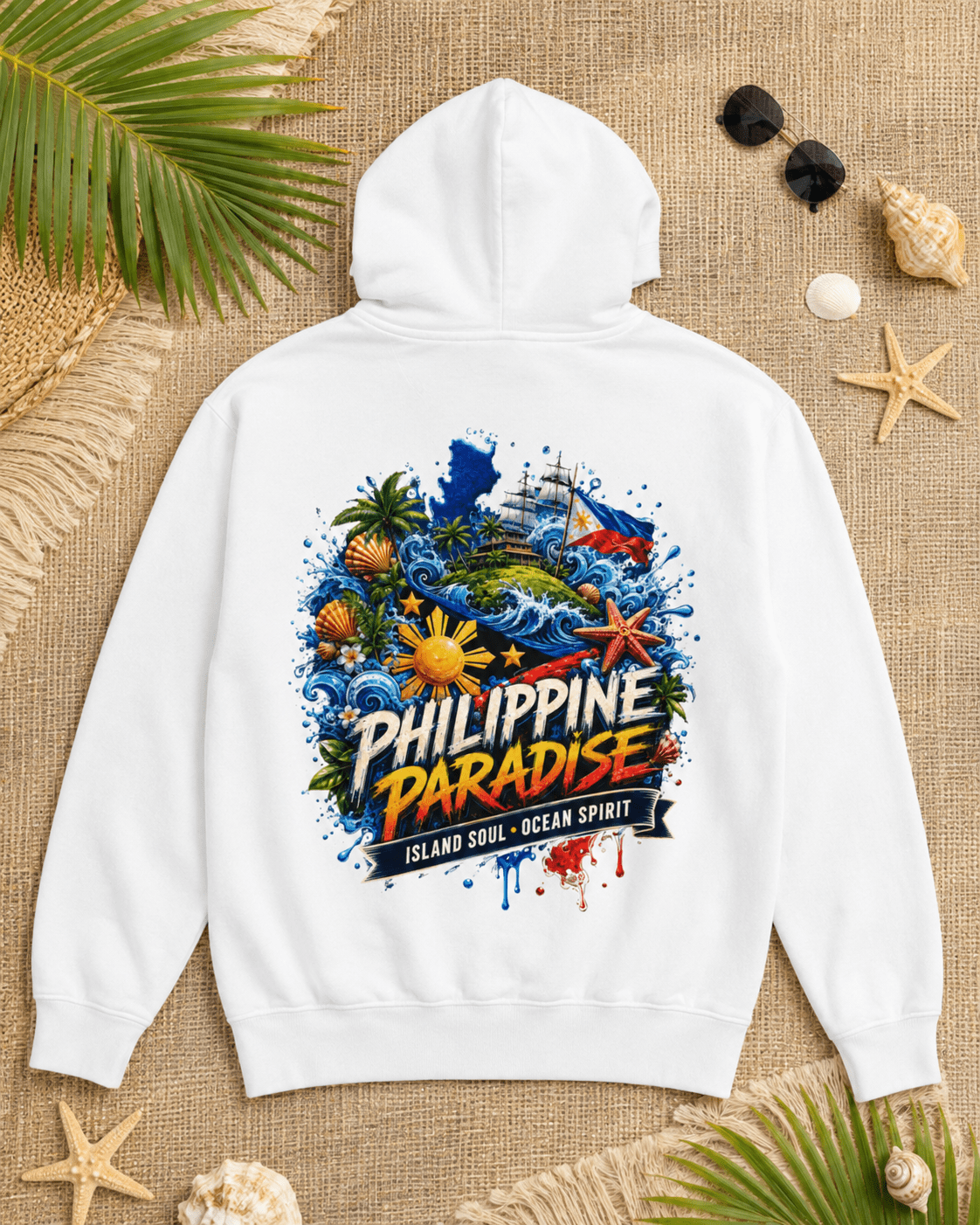 White hoodie with hood and large back graphic print featuring PHILIPPINE PARADISE