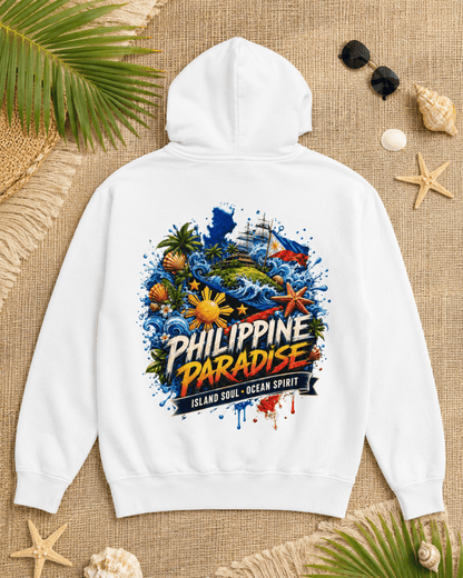White hoodie with hood and large back graphic print featuring PHILIPPINE PARADISE