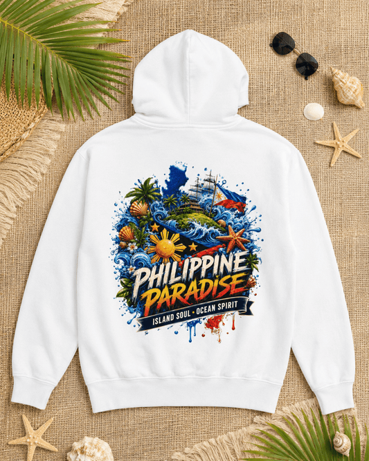 White hoodie with hood and large back graphic print featuring PHILIPPINE PARADISE