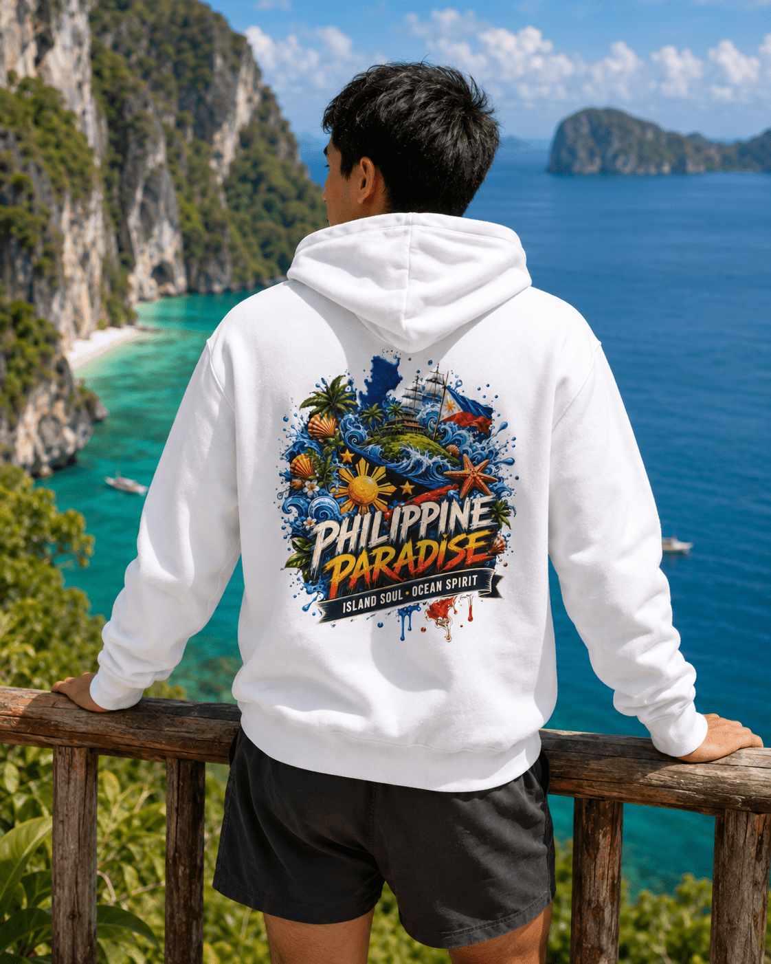 White pullover hoodie with hood and PHILIPPINE PARADISE back graphic
