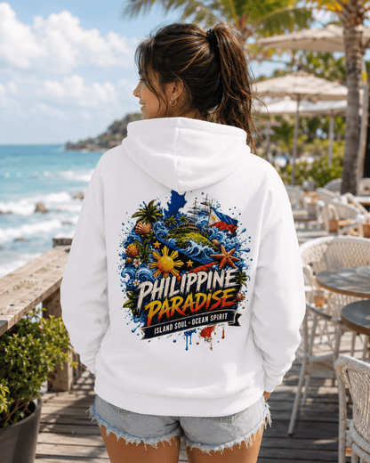 White hoodie with hood and PHILIPPINE PARADISE back graphic print