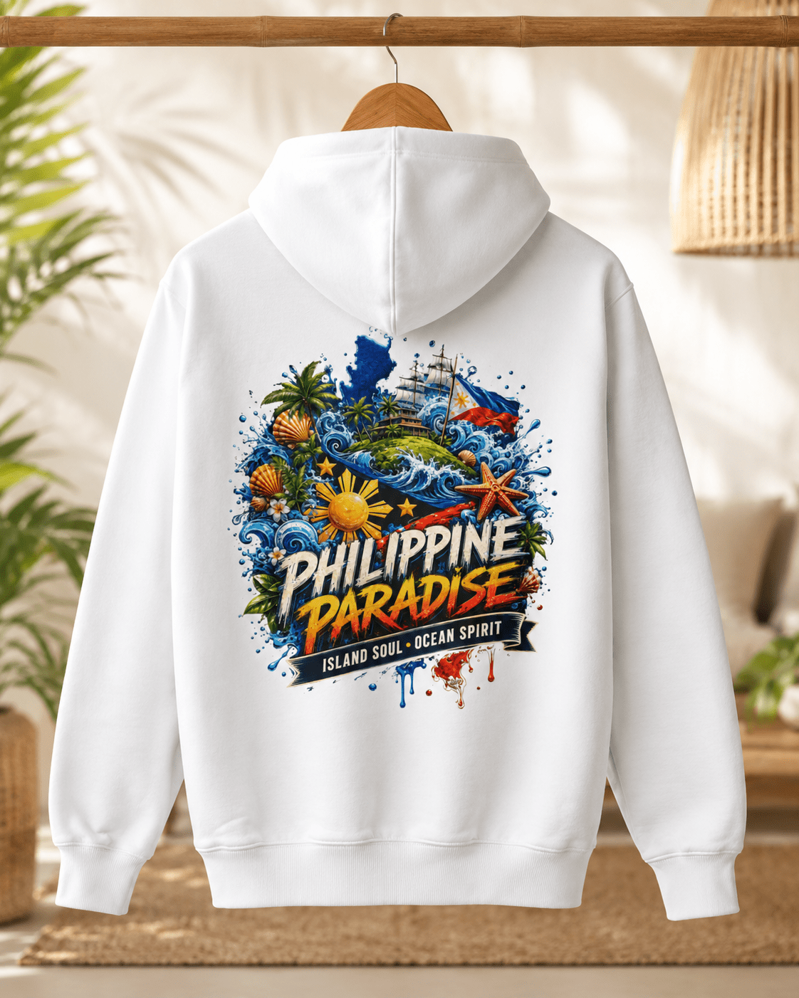 White hoodie on hanger with hood and back graphic print, “PHILIPPINE PARADISE”