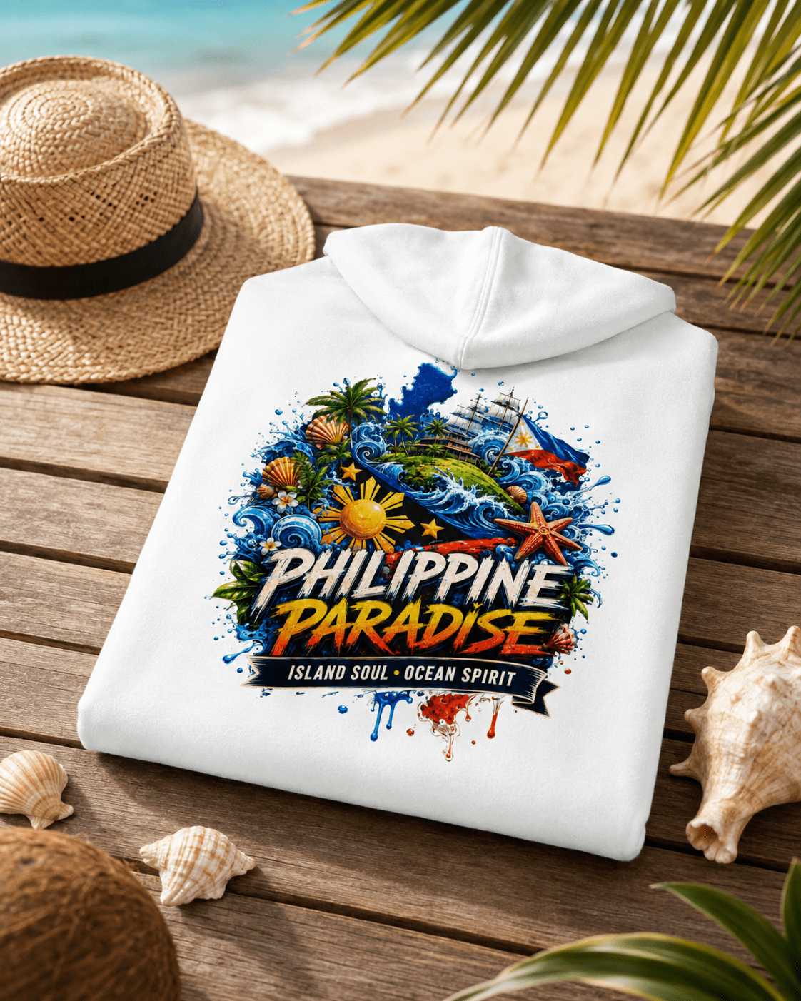 Folded white hoodie with hood and PHILIPPINE PARADISE back graphic print