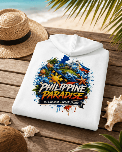 Folded white hoodie with hood and PHILIPPINE PARADISE back graphic print