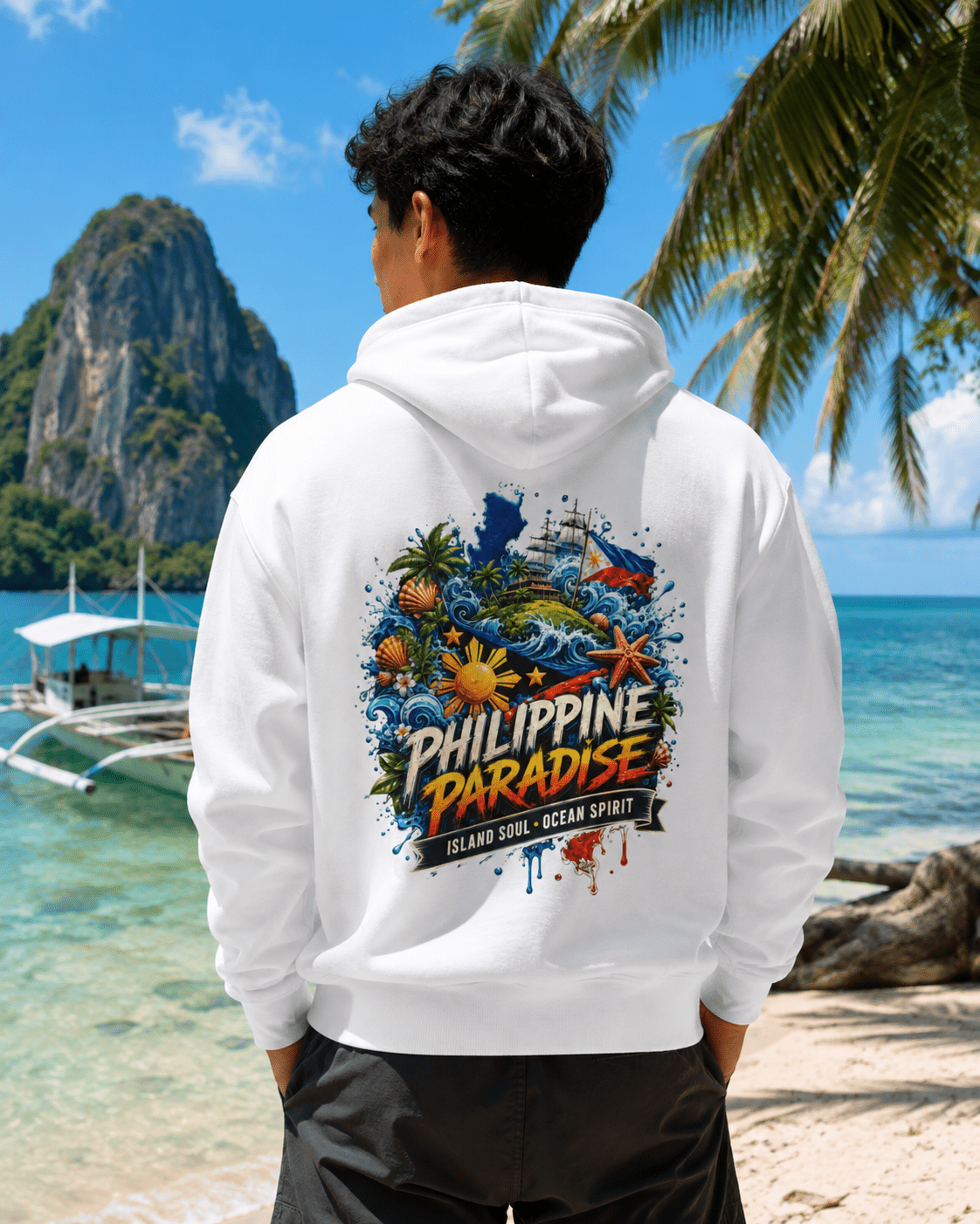 White hoodie with hood and large back graphic print showing PHILIPPINE PARADISE