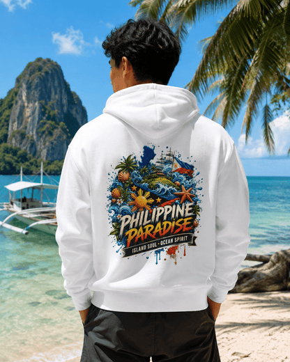 White hoodie with hood and large back graphic print showing PHILIPPINE PARADISE