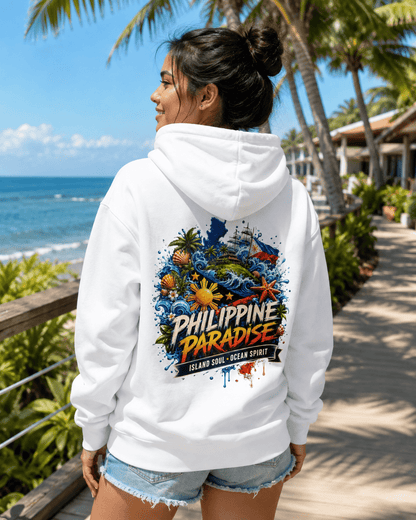 White hoodie with hood and PHILIPPINE PARADISE back graphic print