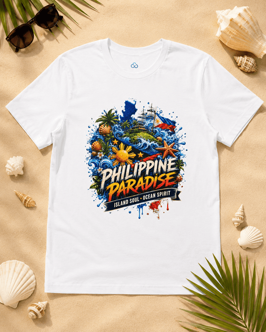 White crewneck T-shirt with colorful 'Philippine Paradise' island-ocean graphic