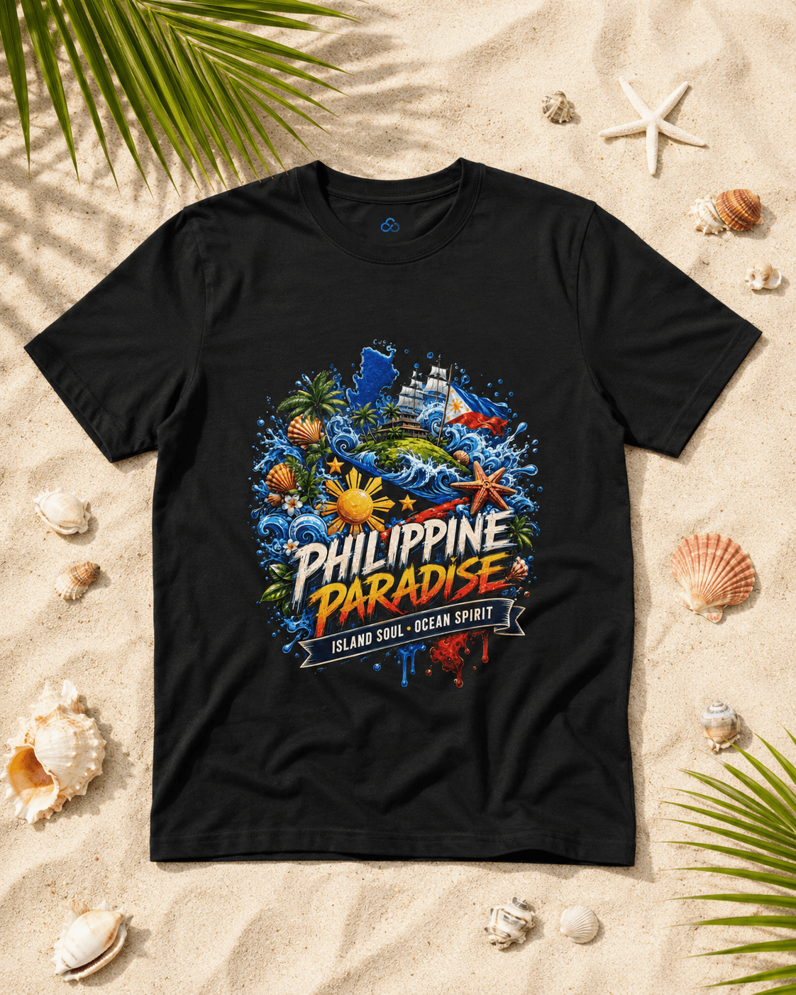 A black short-sleeve graphic t-shirt laid flat on a sandy beach background, surrounded by seashells and palm leaves. The shirt features a colorful graphic print with the text 'PHILIPPINE PARADISE' and 'ISLAND SOUL - OCEAN SPIRIT' over a tropical scene with waves, palm trees, and a sailboat.
