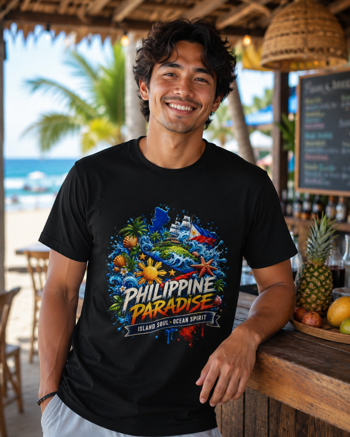 Man wearing a black 'Philippine Paradise' t-shirt in a tropical setting.