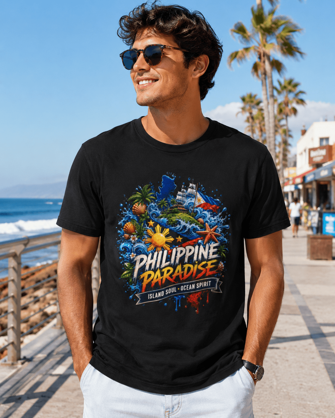 Man wearing a black t-shirt with 'Philippine Paradise' design by the beach.