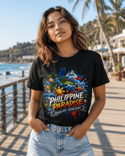 Woman wearing a black t-shirt with 'Philippine Paradise' design by the beach.