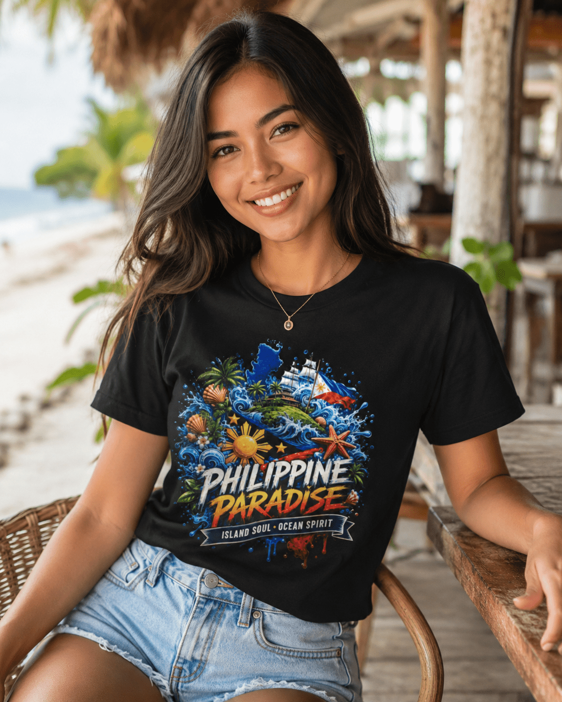 Woman wearing a black t-shirt with 'Philippine Paradise' design on a beach.