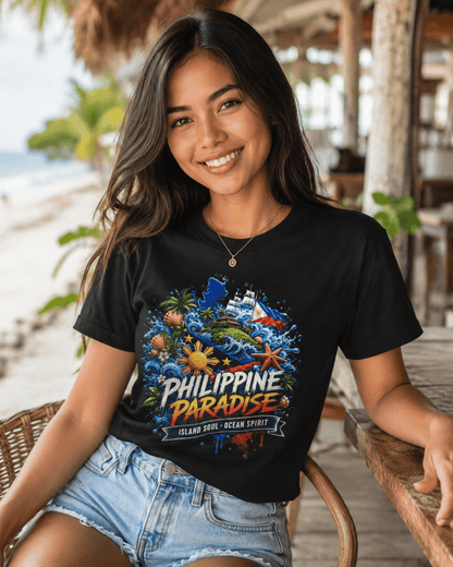 Woman wearing a black t-shirt with 'Philippine Paradise' design on a beach.