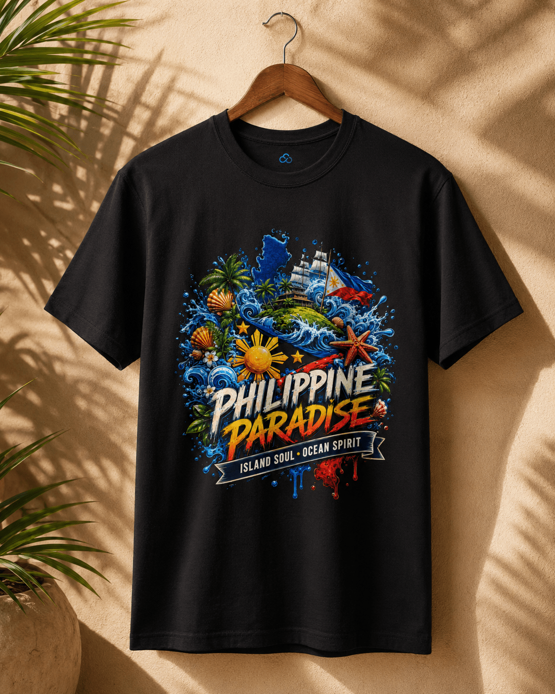 Black crewneck T-shirt with colorful 'Philippine Paradise' island-ocean graphic
