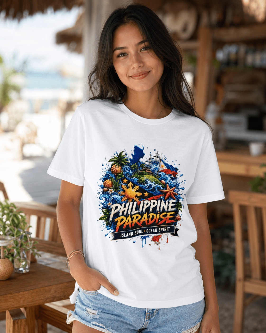 White T-shirt worn by model, featuring 'Philippine Paradise' island-ocean graphic