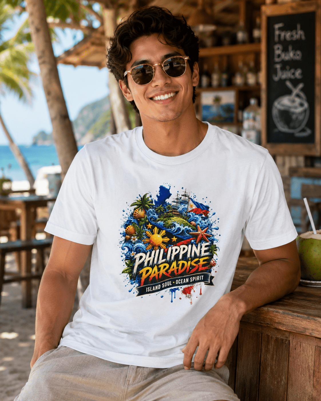 White crewneck T-shirt with 'Philippine Paradise' island-ocean graphic, front view