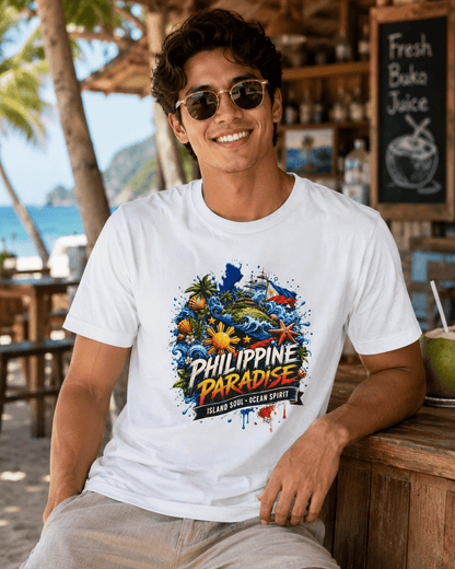 White crewneck T-shirt with 'Philippine Paradise' island-ocean graphic, front view